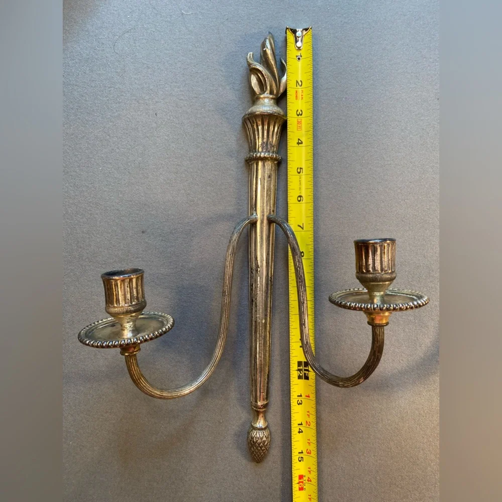 Pair Candle Wall Sconces,‎ 2 arms,Silver tone, flame on top, pine cone on bottom